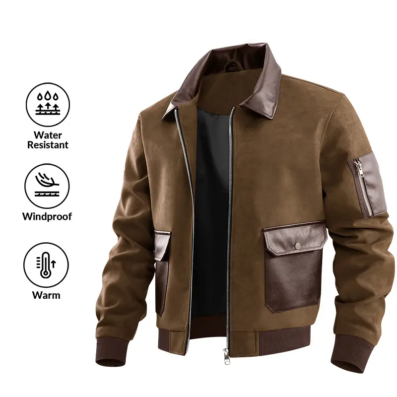 Vintage faux suede & leather trim bomber jacket | Water-resistant, windproof casual work collared coat, men’s faux suede leather trim bomber jacket, collared, water-resistant, windproof vintage retro workwear casual date night multi-pocket streetwear coat