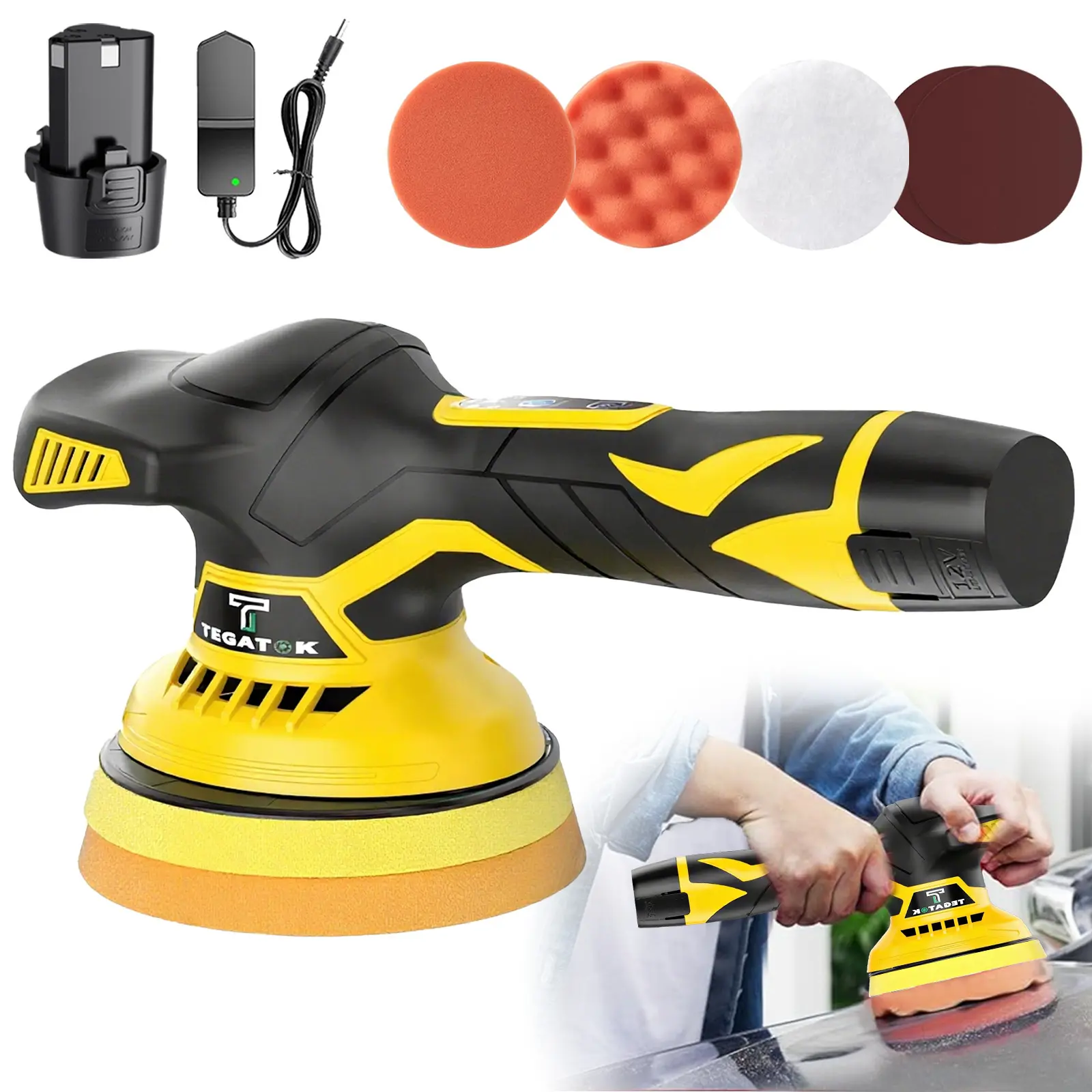 12V Cordless Car Polishing Machine Kit CCP-12B, Power Tool with Batteries, 5-Level Speed Control, 6-Inch Touch Screen Buffer for Car Detailing, Scratch Removal