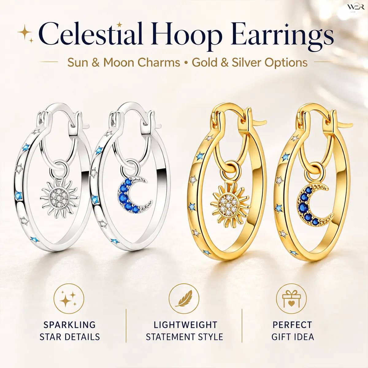 Women's Celestial Hoop Earrings - Gold, Silver, Sun & Moon, Star Designs, Sparkling, Elegant, Lightweight, Comfortable, Versatile, Feminine, 2.46 cm Height, Celestial Aesthetic Jewelry, Perfect Gift for Daily Wear or Special Occasions