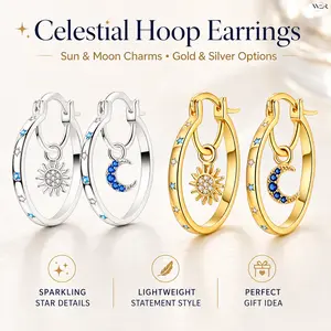 Women's Celestial Hoop Earrings - Gold, Silver, Sun & Moon, Star Designs, Sparkling, Elegant, Lightweight, Comfortable, Versatile, Feminine, 2.46 cm Height, Celestial Aesthetic Jewelry, Perfect Gift for Daily Wear or Special Occasions