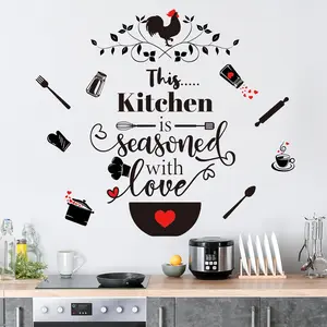 Kitchen Wall Decal Quotes This Kitchen is Seasoned with Love Black Kitchen Utensil Wall Letter Stickers Living Room Dinning Hall Home Wall Decor