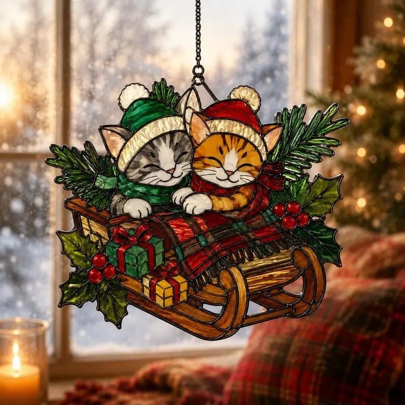 Cat Book Ornament, Sleeping Cat Suncatcher, Gift for Librarian Reader, Cat Mom Christmas Gift, Winter Window Decor Acrylic Ornament