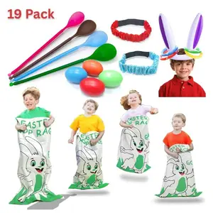 19 Pcs Easter Outdoor Party Games for Kids Family School Carnival Bunny Potato Sack Race Egg and Spoon Relay 3-Legged Race Ring Toss Easter Egg Hunt