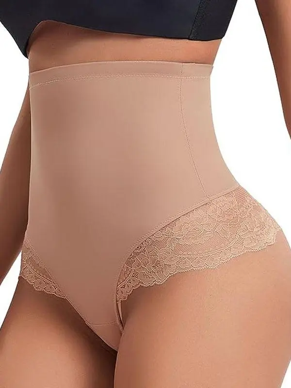 High-Waisted Tummy Control Shaping Thongs - Contrast Lace Trim Compression Slimmer Panties with Butt Lifting & Body Contouring, High Support Shapewear for Women, Breathable Lace Underwear, Tummy Control Underwear