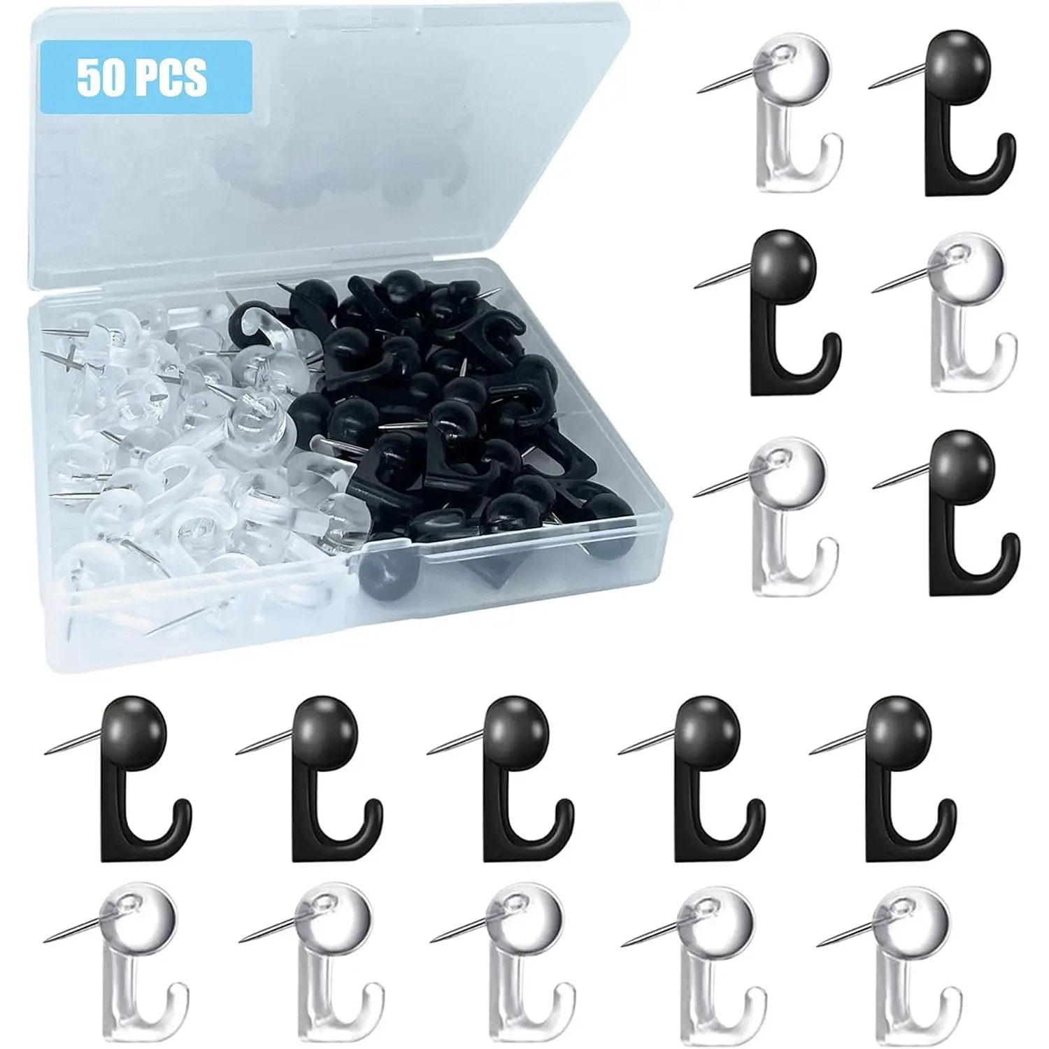 50 pcs push pin hooks, plastic heads, cork board decorative thumb tacks for photo walls, bulletin boards, home walls, office, school supplies, black and clear
