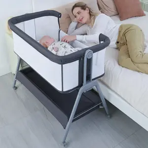 Angelbliss Baby Bassinet Bedside Crib with Storage Basket and Wheels, Easy Folding Bed Side Sleeper Adjustable Height Portable Crib for Newborn