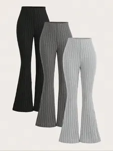 Women's solid ribbed stripe fabric fashionable bell-bottom pants, Womenswear fitted trousers for autumn and winter. Casual, stylish, and comfortable bell-bottom pants suitable for various occasions such as daily outdoor activities, home, and work wear