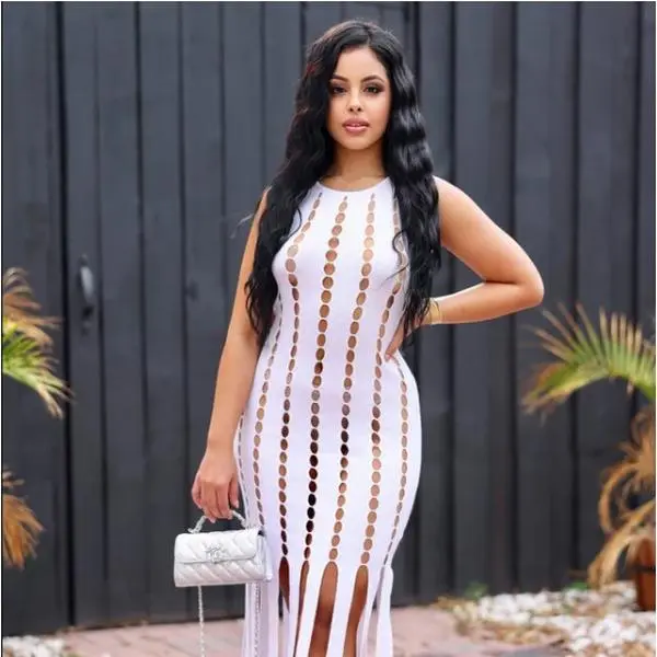 Stacey Ribbed Cut Out Sleeveless Fringe Midi Dress - White