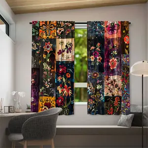 2pcs， Vintage Bohemian style floral patchwork printed curtains, installed in a pocket bar style, made of polyester fabric, durable and wear-resistant, machine washed and not easily faded or deformed, suitable for living rooms, kitchens, bedrooms, and home