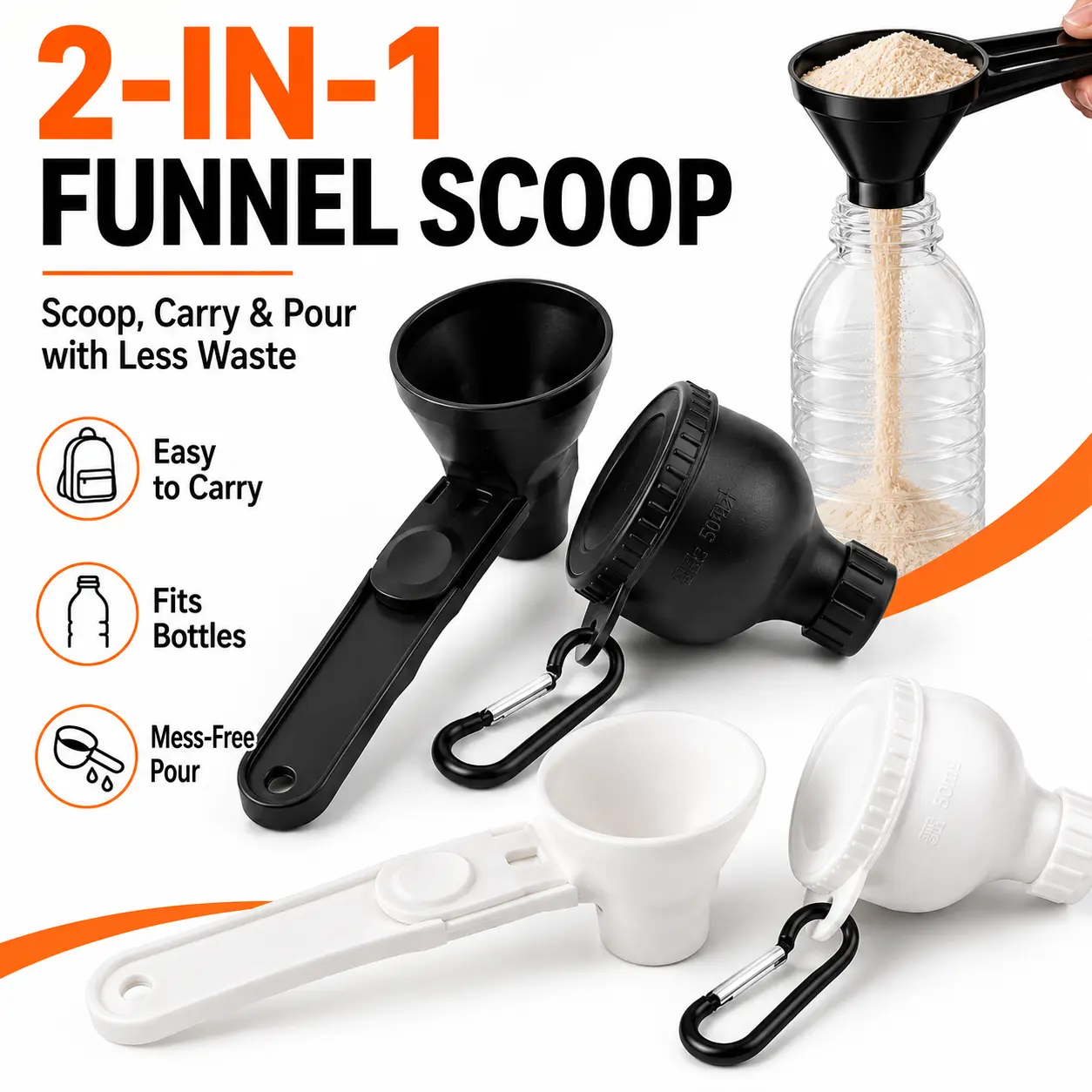 Protein Powder Funnel Scoop with 50ml Container, Portable No-Spill Powder Dispenser for Protein Creatine Pre Workout, Mess-Free Sliding Scoop for Shaker Bottles, Gym Bag Travel Fitness Accessories
