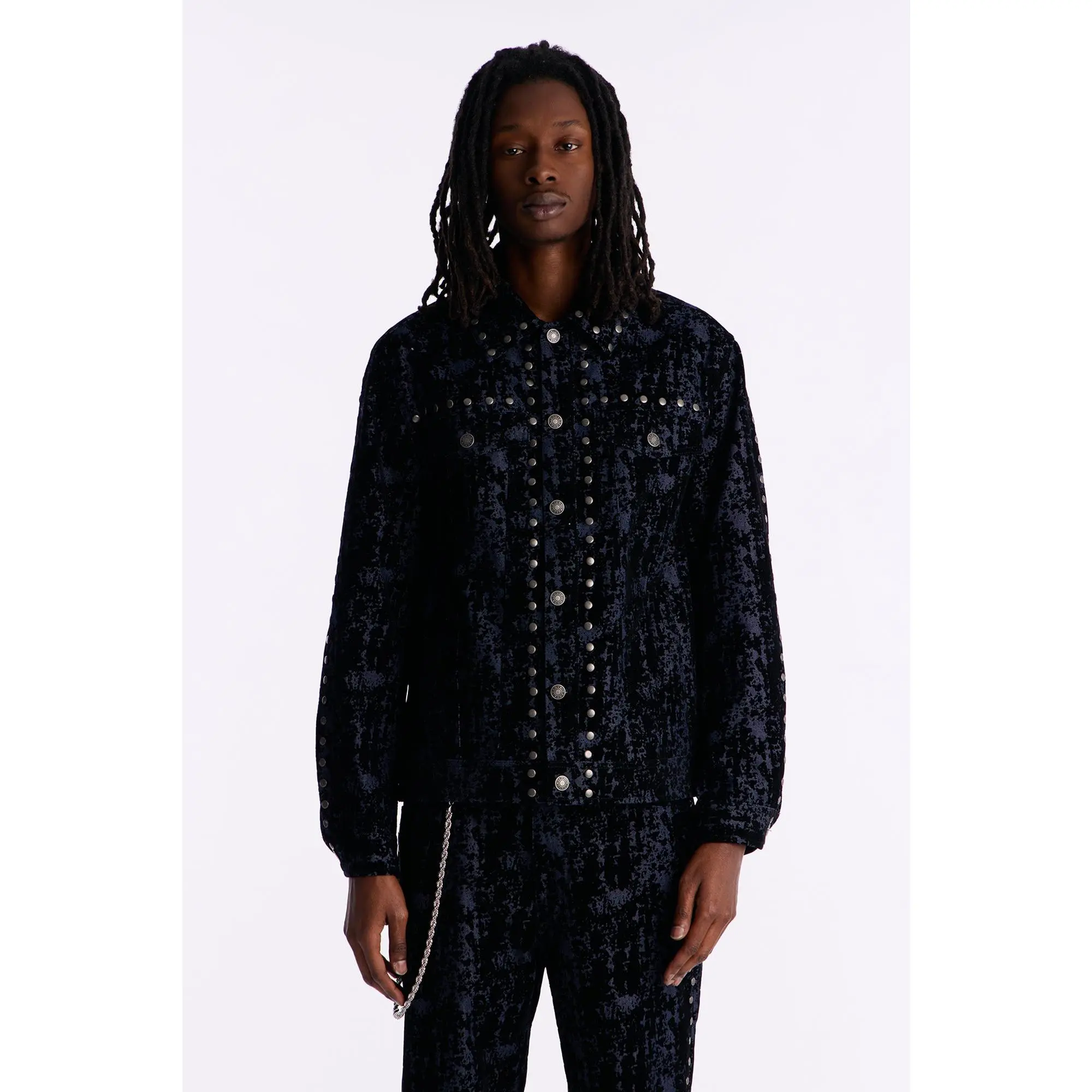 Social Stud Flocked Denim Trucker Jacket - Indigo