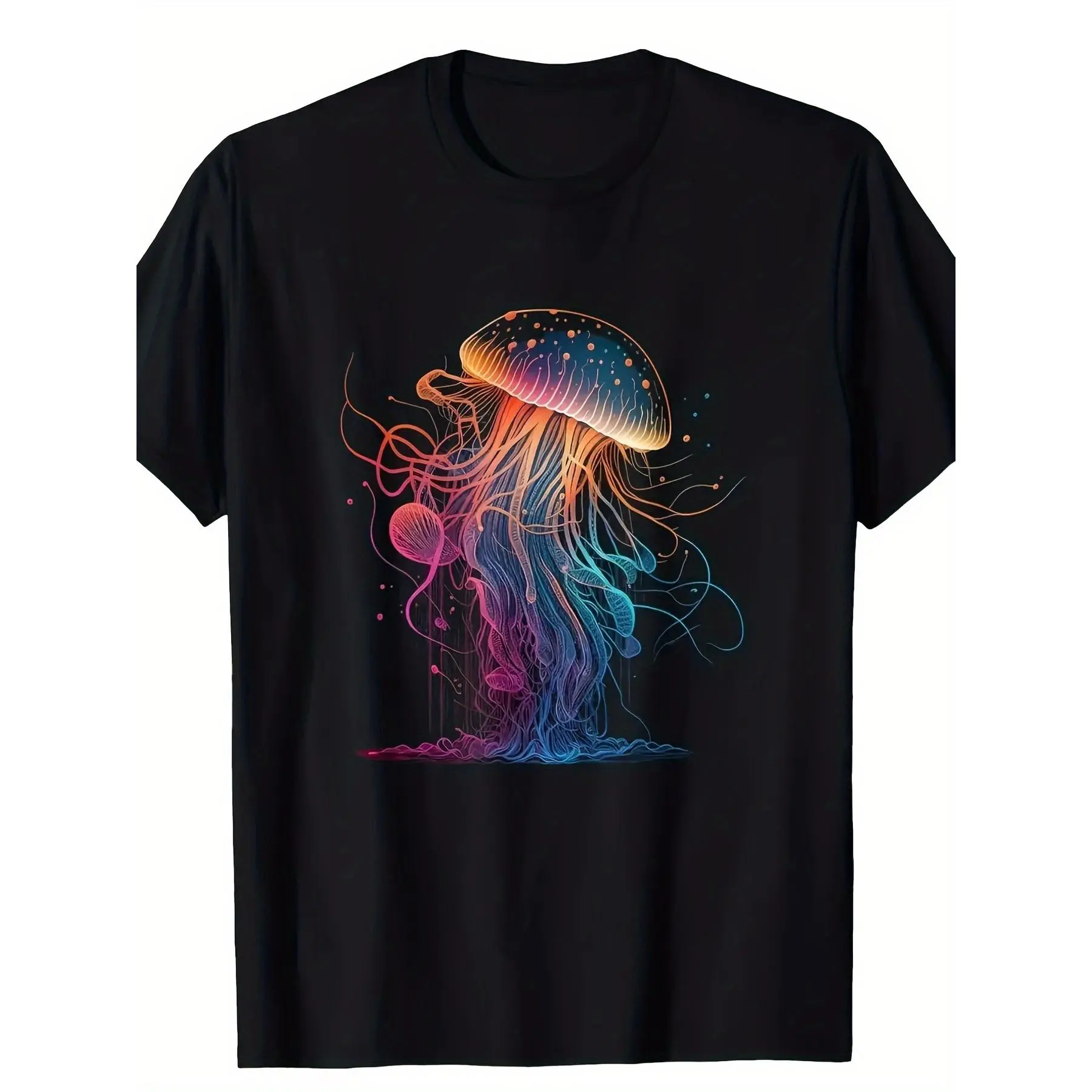 Men's Comfy 100% Cotton Short Sleeve Crew Neck Basic Menswear Print T-Shirt - Vibrant Jellyfish Ocean Scene, Casual Fit, Breathable, Machine Washable, All-Season Oversized Graphic Tee