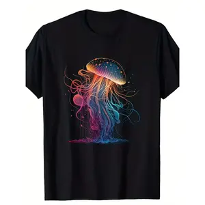 Men's Vibrant Jellyfish Ocean Scene T-Shirt - 100% Cotton, Short Sleeve, Crew Neck, Machine Washable, Casual Fit, Breathable Fabric, Ideal for All Seasons