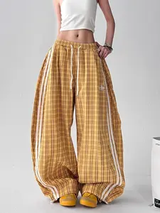 Women's Vintage Striped Patchwork Plaid Wide-Leg Pants, Casual Loose Fit Jazz Dance Trousers, Comfortable Relaxed Style, Fashion Casual Loose