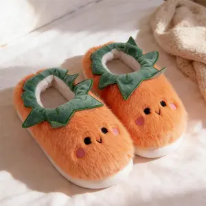 Fruit Smiley Face Slippers | Plush House Shoes with Leafy Accents | Cozy and Playful Design