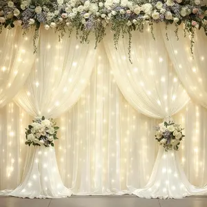 10x10ft Ivory Polyester Backdrop Curtain with Lights String for Parites, Wrinkle Free Curtains Backdrop for Wedding Baby Shower Birthday Party Photography Background
