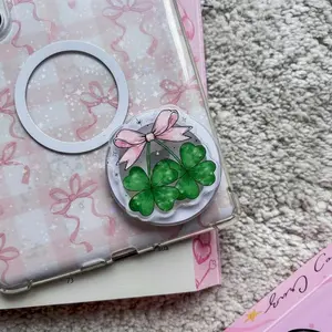 Lucky Clover Phone Grip with Pink Bow Ribbon, Cute Coquette Aesthetic Phone Holder, Gingham Plaid St. Patrick’s Day Gift for Her, Festive Four Leaf Clover Accessory for iPhone and Android