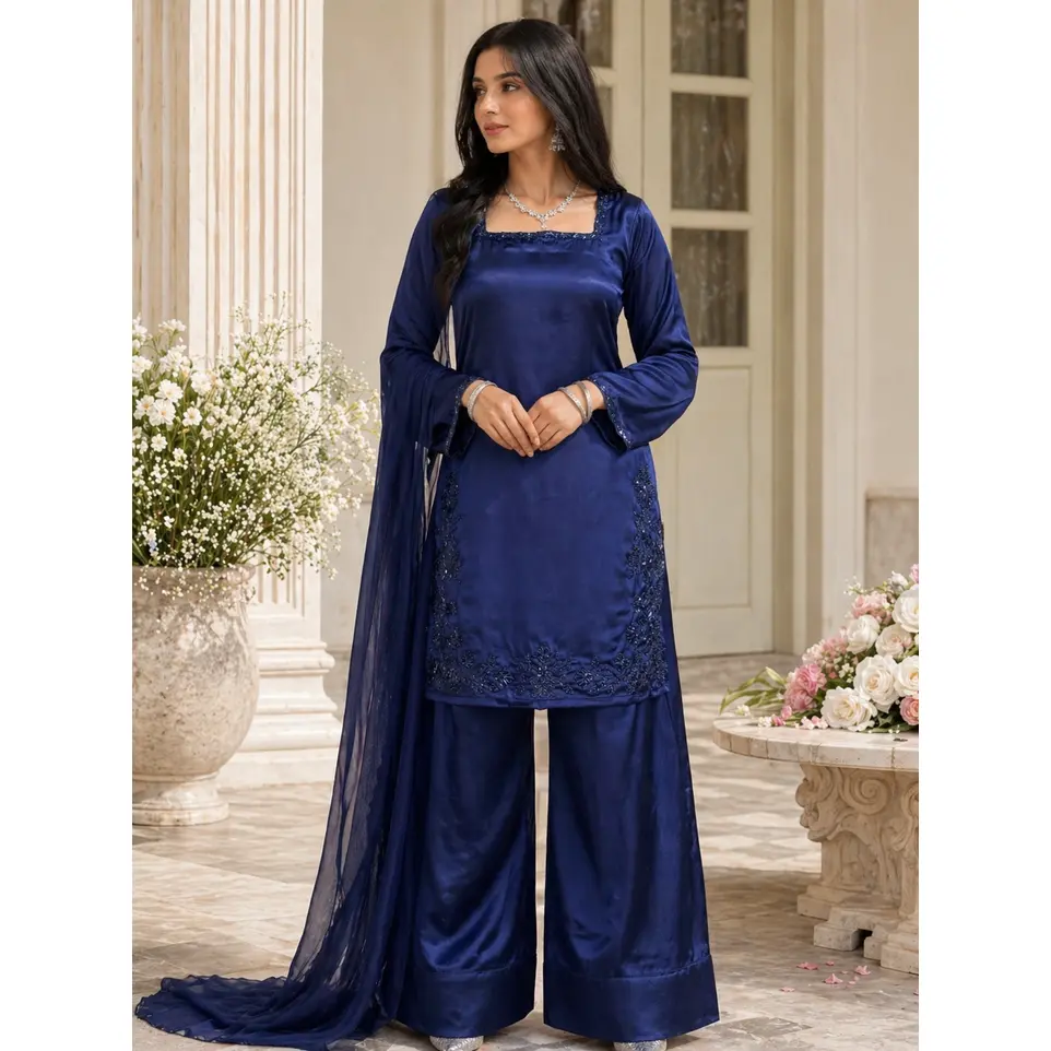 Blue Farshi Shalwar - Elegant Navy Blue Raw Silk 3-Piece Ensemble with Embroidered Details & Hand-Embellished Crystals - Dress