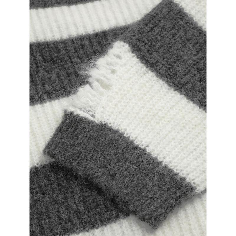 Cider [size 2-10] Round Neck Striped Ripped Knit Long Sleeve Crop Sweater