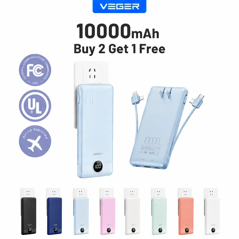 【Buy 2 Get 1 Free】VEGER 10000mAh Mobile Battery Power Bank - Built-in USB-A Data Cable, AC Wall Plug, Lightweight Compact External Charger for Smartphones, Tablets, Travel & Outdoor Use (Charges 4 Devs)