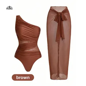 Women Solid Color Ruched Mesh Panel One Piece Swimsuit With Sarong Skirt, Tummy Control Bathing Suit, Modest Slimming Swimwear For Summer Beach Vacation Pool Parties