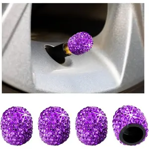 4 Bling Car Tire Valve Stem Cap, Crystal Rhinestone Automotive Tire Valve Stem Air Cap Cover, Dustproof Sparkling Wheel Valve Cover for Decor, Universal Car Accessories (Purple)