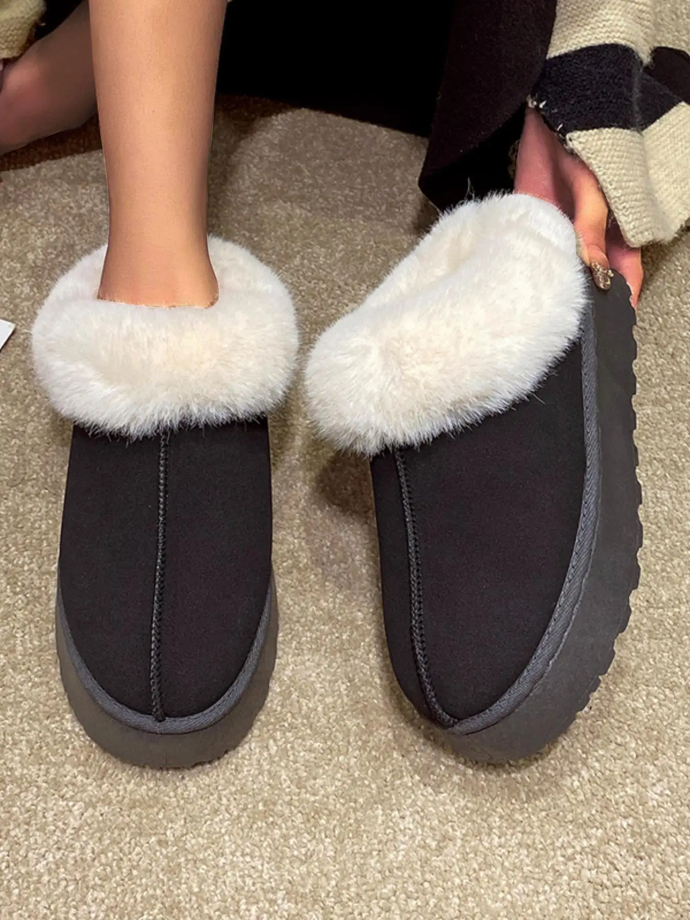 Women's Solid Color Fluffy Lined Slip on Snow Boots, 2024 Casual Soft Comfortable Non-slip Low Top Home House Slippers, Warm Shoes for Indoor & Outdoo