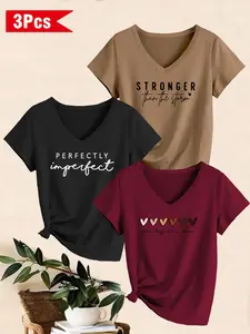 Women's 3-Pack V-Neck Fitted Short Sleeve T-Shirts, Casual Summer Tees, Letter and Heart Print, Casual Summer Top, All Seasons, Fashion Women's Clothing, Womenswear