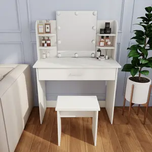 Classic Vanity Desk with Lighted Mirror, Matching Stool, Drawer and Open Shelves, White Large Makeup Dressing Table for Bedroom and Dressing Room