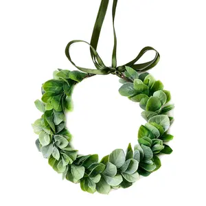 Green Leaf Crown Eucalyptus Flower Wreath Women Girls Bohemian Headpiece Floral Headband Photo Prop with Green Ribbon for Women and Girls