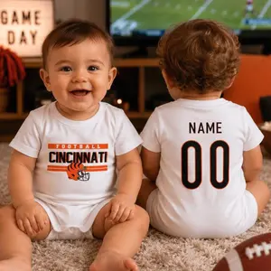 Personalized Cincinnati Baby Football Romper, Custom Name Number Baby Outfit, Short Sleeve Sports Romper, Game Day Baby Gift