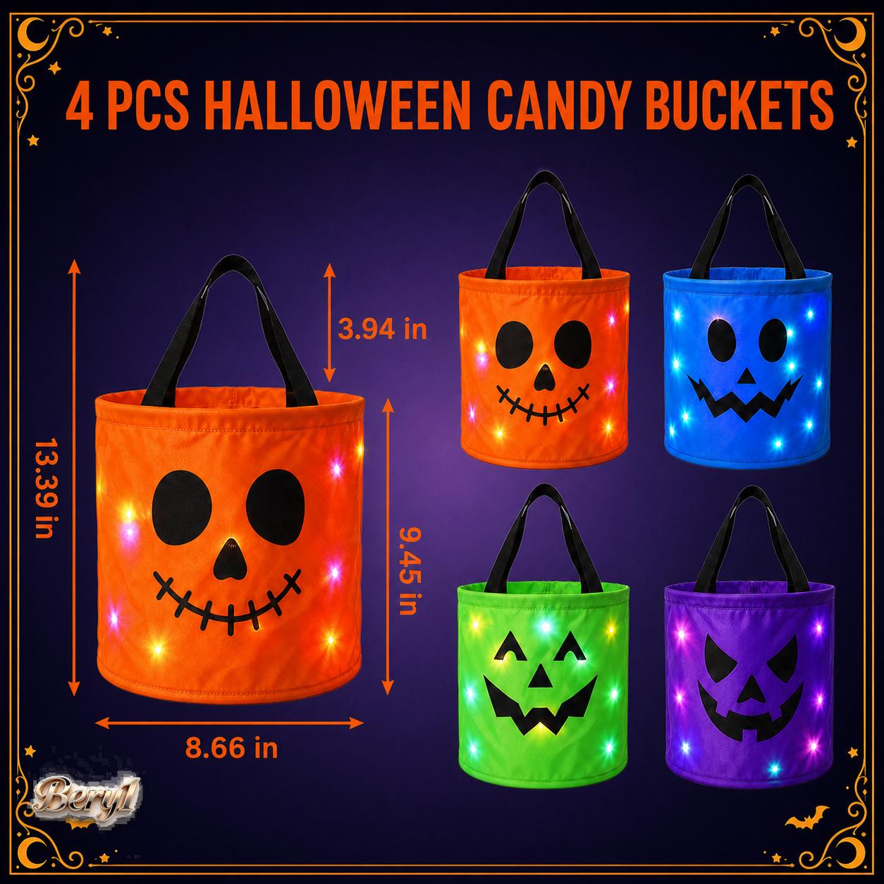 3/4 Pcs Light Up Halloween Candy Buckets with LED Lights, Non-Woven Trick or Treat Bags, Reusable Pumpkin Tote Gift Bags for Kids Adults, Glowing Candy Bags for Home Garden Lawn Decor,bery1--Halloween Birthday Christmas Party Favor Supplies.