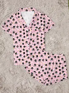 Women's Soot Sprites Cartoon Print Pajama Set, Comfortable Two-Piece Sleepwear, Short Sleeve Button-Up Top and Elastic Shorts, Casual Home Wear