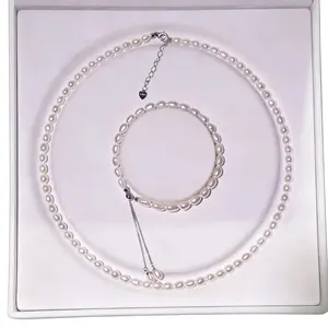 Set01-White Moonlight Freshwater Rice Pearl Necklace and Bracelet S925 Sterling Silver Setting Set Cloud Fluff Natural Minimalist Office Ready Understated Workwear Style Pearl Set