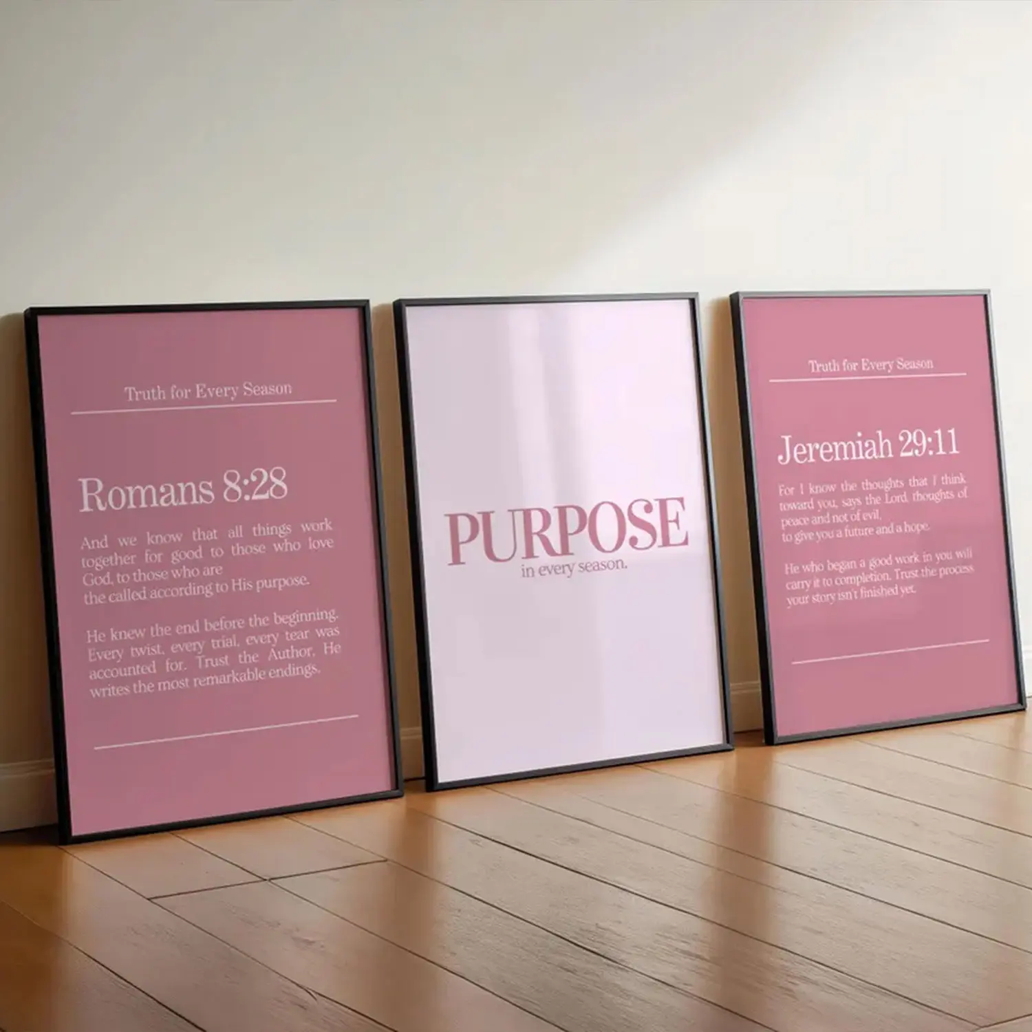 Faith Wall Art Set of 3, Modern Pink Christian Print, Jeremiah 29:11 Neutral Bible Verse Wall Decor, Romans 8 Scripture Print
