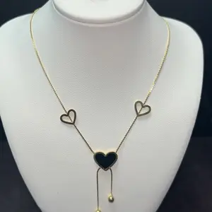 Elegant Heart Stainless Steel Necklace with Gold Accents and Black  Heart Pendant