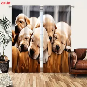 2D Flat Five Light Golden Retriever Puppies Sleeping Soundly on Soft Golden-Brown Fabric 2-Piece Curtain Set, Cozy and Peaceful Dog-Themed Decor for Bedroom/Living Room, Endearing Puppy Print Curtains with Blurred Background Focal Point