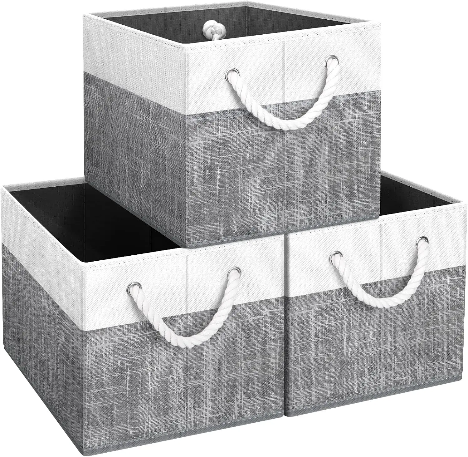 3-Pack Foldable Storage Baskets with Rope Handles, Stiff Walls - Cardboard Base Home Organizers for Closet Organization, Organize Items (White & Grey)