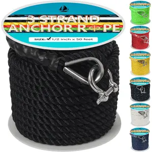 Anchor Rope 1/2 Inch X 50 FT, Anchor Line 3 Strand with Stainless Steel Thimble & Shackle, Boat Anchor Rope Ideal for Towing Docking Mooring Boats Up to 35