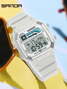 Sanda Multifunctional Luminous Waterproof Sports Watch, Ultra Thin Square Design, Dual Time Countdown, Stopwatch, Snooze, Hourly Chime, Alarm