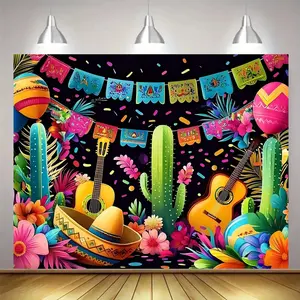 Mexican Style Guitar Pattern Backdrop, 1 Count Colorful Party Decoration Banner, Universal Theme Birthday Party Decoration, Party Decorations Banners, Home Decoration, Ornaments