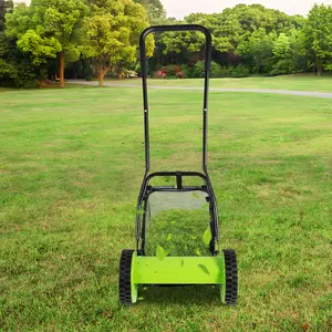 Green Manual Push Reel Lawn Mower 12 Inch Cutting Width 6 Gallon Collection Bag Adjustable Height for Yard Maintenance Home Essential