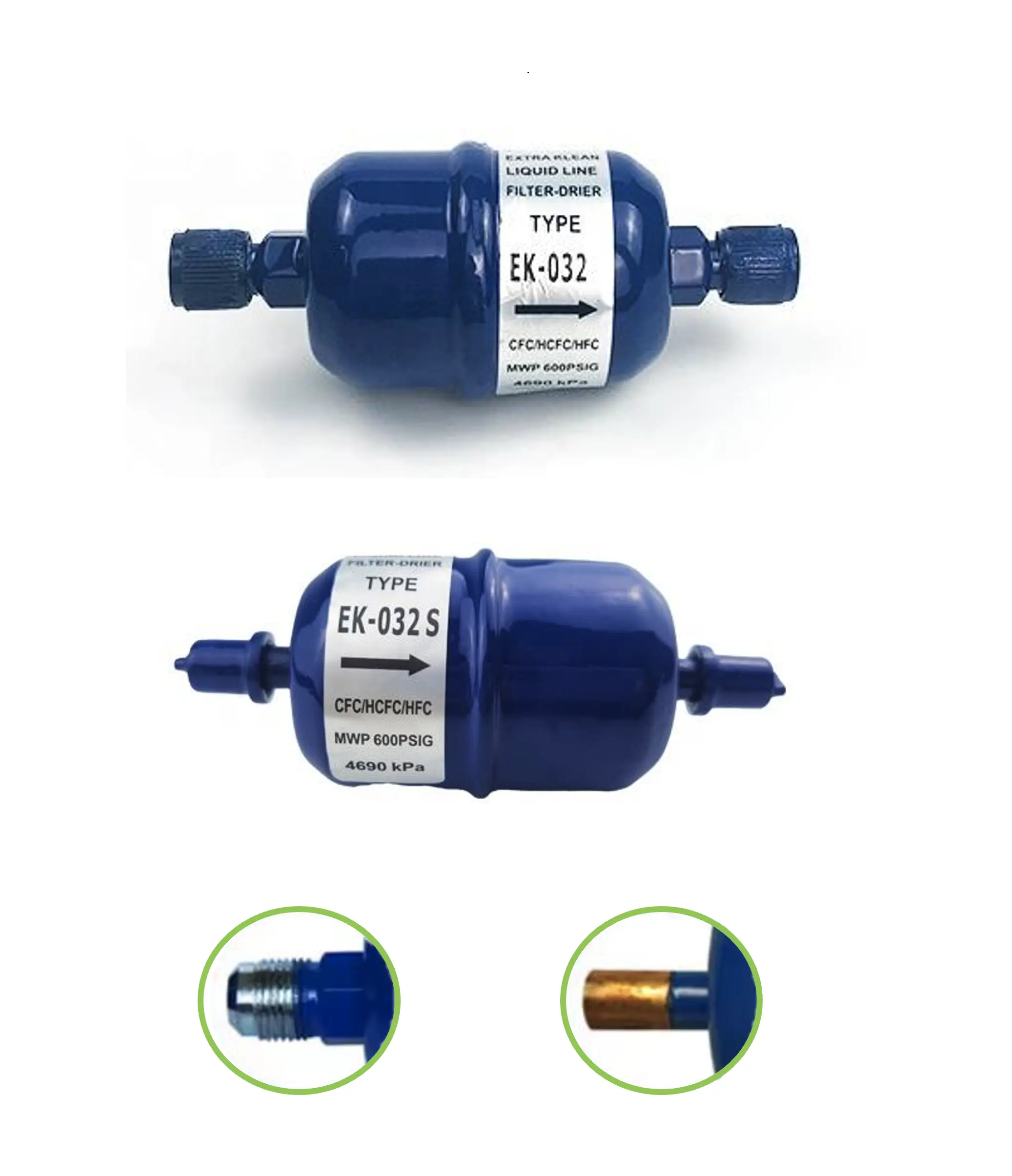 CFC-Compatible Liquid Line Refrigerant Filter Drier - 1/4" Sweat Connections (EK-032/EK-032S) for Freezers, Cold Rooms, Heat Pump, Condenser Units with HCFC/HFC Refrigerants