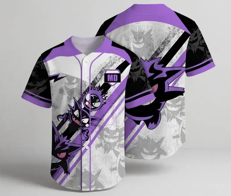 Purple Spooky Shadow Ghost Evolution Short Sleeve Baseball Jersey, Soft Breathable Graphic V-Neck Jersey, Perfect Daily Wear Gift for Anime and Gaming Fans