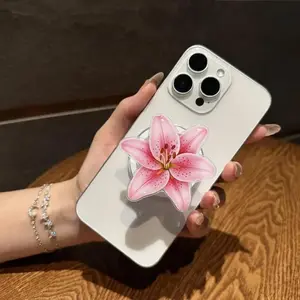 Elegant Pink Lily Flower MagSafe Phone Grip – Magnetic Pop Socket & Kickstand – Aesthetic Floral Phone Accessory