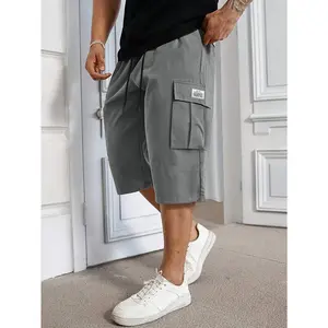 Men's Heavy-Duty Cargo Shorts - Summer Knee-Length Regular Fit, Drawstring Waist + Utility Pockets, Solid Color Outdoor/Travel/Casual