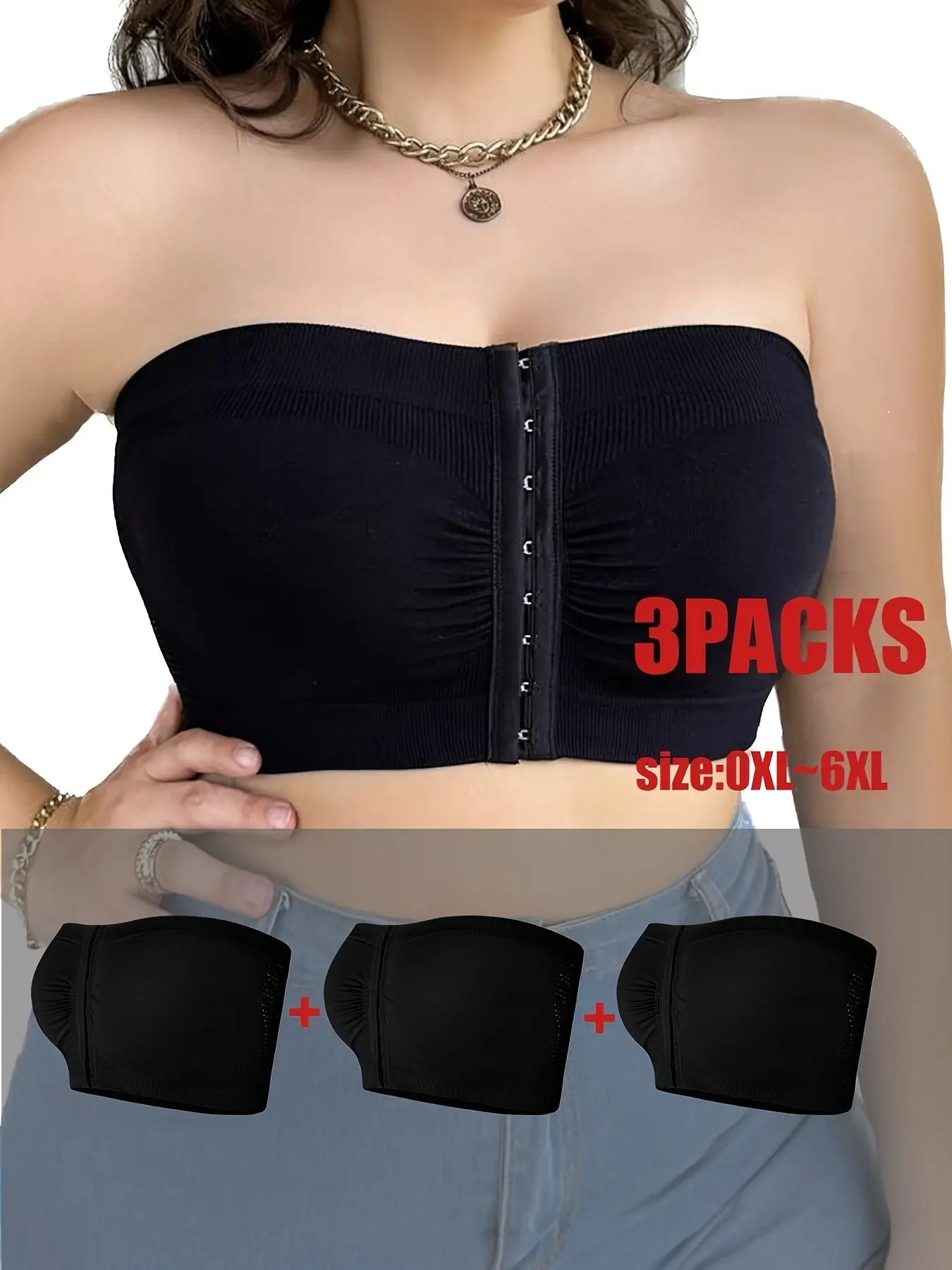 3PCS Plus Size Anti-Slip Tube Top, Front Buckle Adjustable Seamless Design, High Support Strapless Lady Bra for Large Bust, Fitted Underwear