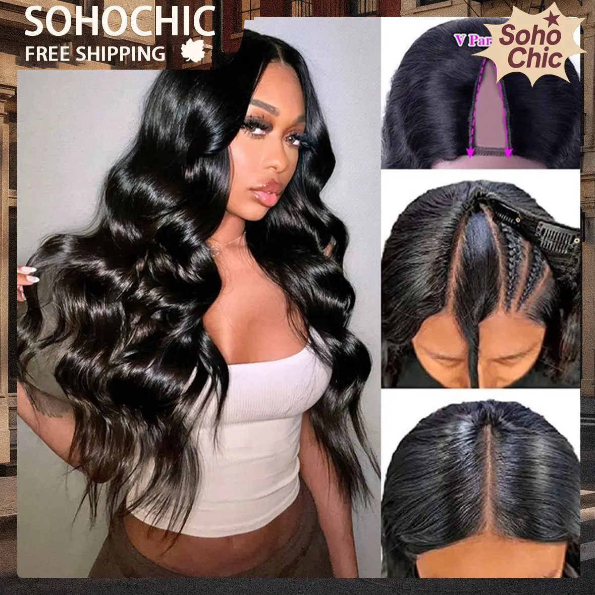 【V Part Wig No.1】Mamushow V Part Wigs With Invisible Strap Drawstring 100% Human Virgin Hair Body Wave Glueless Wig 180% Density Curly Wigs Natural Black#SohoChic