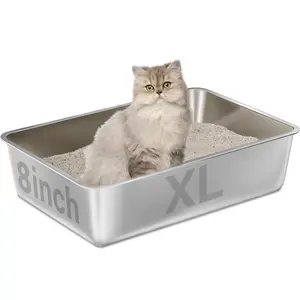 6In/8In Deep Stainless Steel Cat Litter Box - Large Stainless Steel High Sided Indoor Cat Litter Pan, Non Stick, No Smell, Easy to Clean, Pet Toilet Supplies for Kitten, Kitty, Rabbit