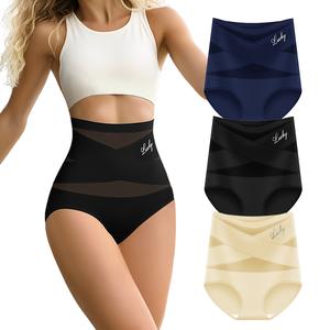 Women's Letter Print Contrast Mesh Criss Cross High Waist Briefs, Breathable Comfy Sheer Knicker for Daily Wear, Women's Underwear for All Seasons, Panties for Women, Womenswear, High Waisted Seamless  Underwear for Women Minimalist Bridal